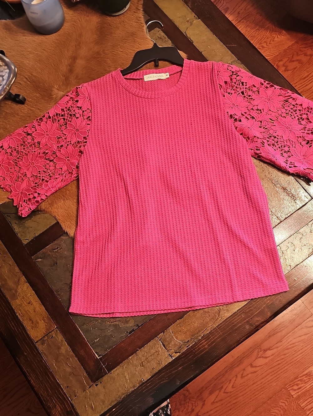 Rachel Allan Hot Pink Waffle Knit Tee with Floral Lace Elbow Sleeves